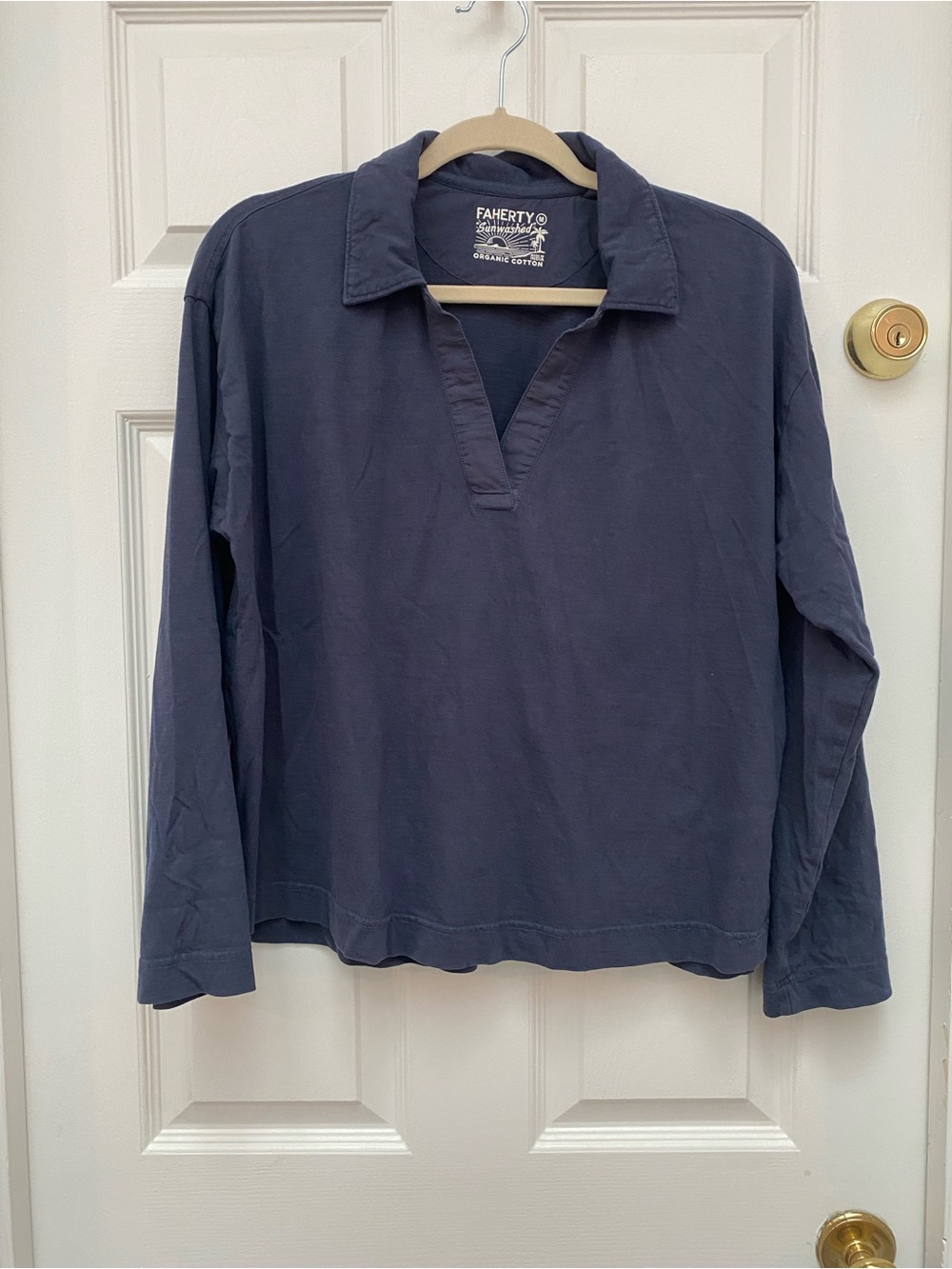 Faherty Navy 100% Organic Cotton Long-Sleeve Open-Placket Polo - Medium